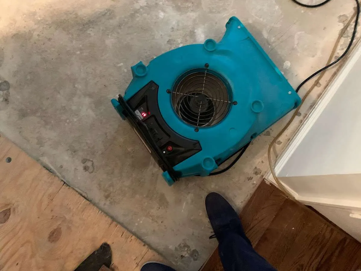 Air mover drying subfloor during Commercial Water Damage Restoration in Whitehall